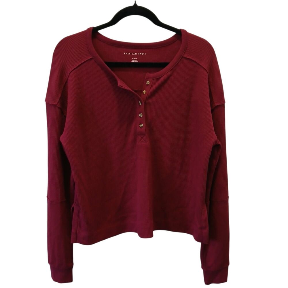 American Eagle Womens Waffle Knit Henley Sweater Oversized Crop Berry Red Medium